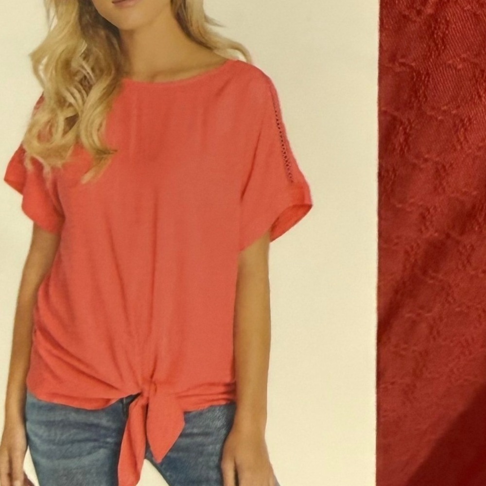 Buffalo David Bitton Womens Coral Pink Textured Tie Front Blouse Top Large NEW